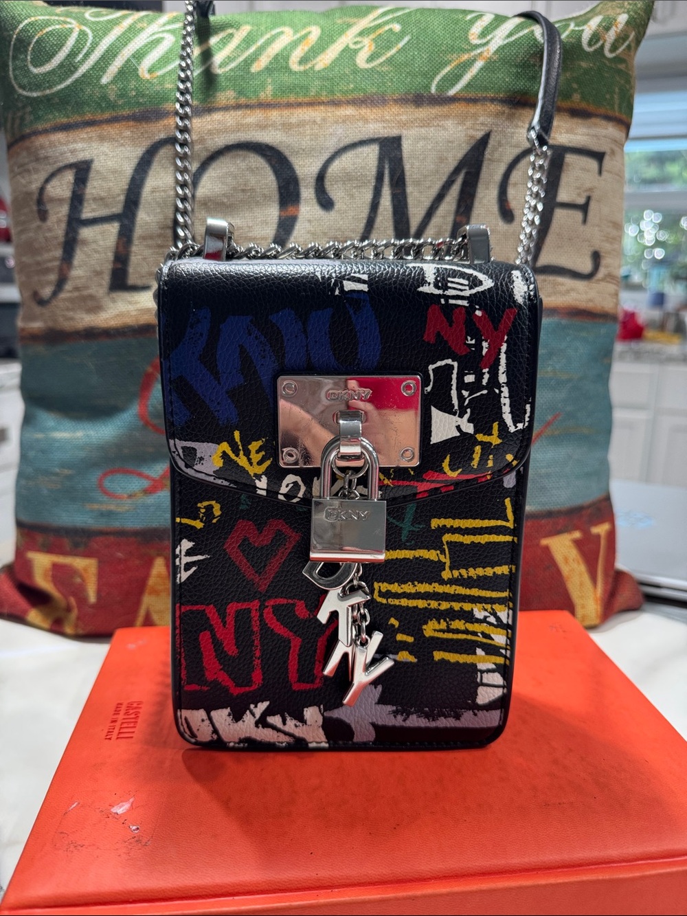 DKNY Black Graffiti Print Mini Crossbody with Silver Hardware